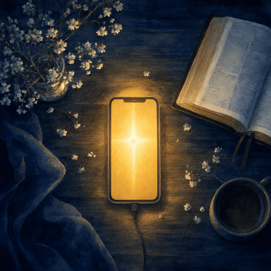Illustration : téléphone lumineux, Bible ouverte et lumière en forme de croix